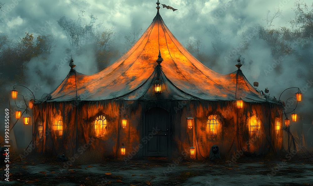 Obraz premium Eerie Halloween Circus Tent with Glowing Lanterns on a Misty Night