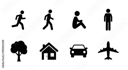 Set of Silhouettes Representing a Man Running, Walking, Sitting, Standing, a Tree, House, Car, and Airplane on a White Background