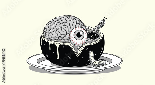 Macabre bowl shaped like a human head is filled with a brain and a large bloodshot eyeball as worms crawl nearby.