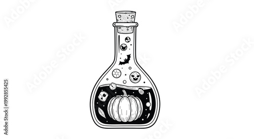 Detailed black and white ink drawing of a glass potion bottle containing a pumpkin and various spooky Halloween symbols.