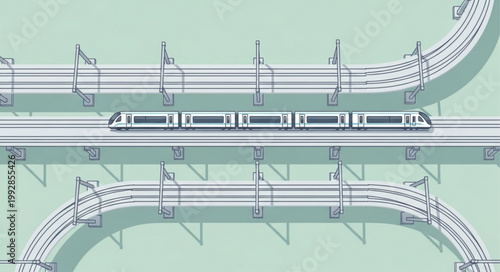Modern high speed train traveling on elevated tracks.