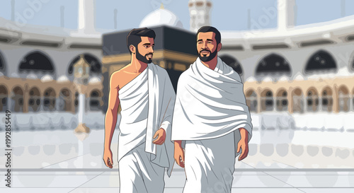 Two devoted men in traditional white attire walk with purpose through the majestic courtyard of a sacred mosque, symbolizing their profound spiritual pilgrimage and unwavering faith