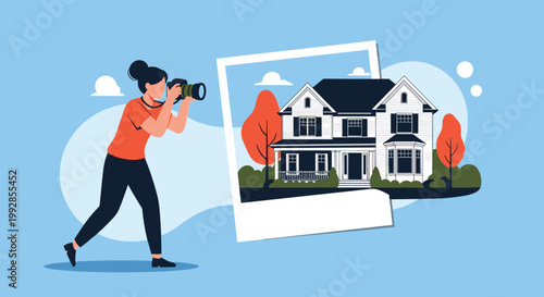 Female photographer in an orange shirt takes a picture of a large suburban house framed within a white polaroid border.