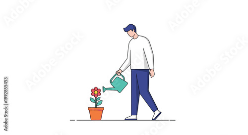 Man in a white shirt and blue pants uses a green watering can to care for a blooming red flower in a terracotta pot.