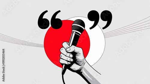 A hand holding a microphone in front of a red circle with quotation marks