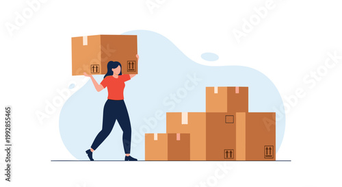 Hardworking woman in a red shirt carries a heavy cardboard box towards a large stack of parcels in a warehouse setting.
