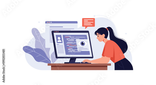 Young woman focuses on her computer monitor displaying lines of code and a large digital eye icon during a workday.
