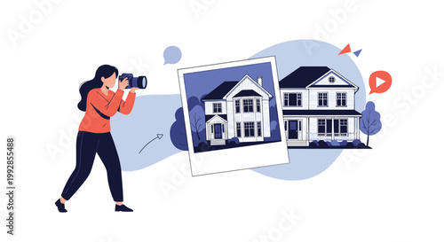 Young woman captures a photo of a two story house while an overlapping polaroid print of the same building is displayed.