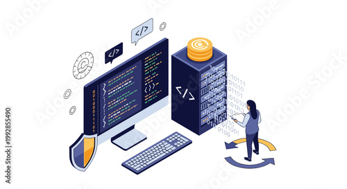Isometric illustration shows a software developer working at a computer station surrounded by code and server hardware.