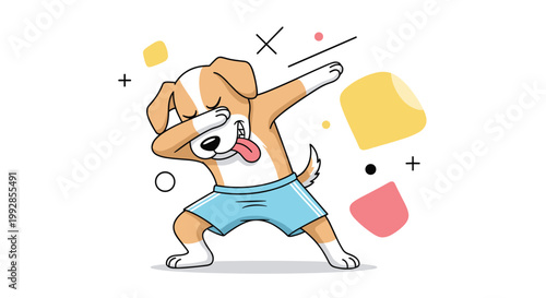 Cool beagle dog wearing blue shorts performs a dabbing dance move surrounded by colorful abstract shapes and symbols.