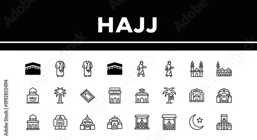 A comprehensive collection of minimalist outline icons illustrating the sacred journey of Hajj, encompassing religious landmarks, spiritual practices, and cultural symbols