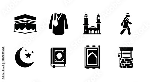 Diverse set of essential black silhouette Islamic religious symbols and worship icons illustrating elements of pilgrimage, daily prayer, Ramadan observances, and rich Muslim cultural traditions
