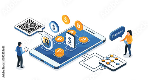 Isometric illustration of a smartphone screen featuring cryptocurrency coins, QR codes, and charts for digital finance and blockchain.