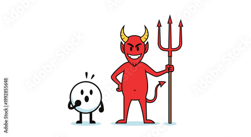 Cartoon red devil with a pitchfork standing next to a small, surprised round character, depicting temptation or a humorous encounter.