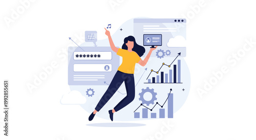 Energetic young woman jumping for joy among floating charts, graphs, gears, and a login screen representing business success and data.