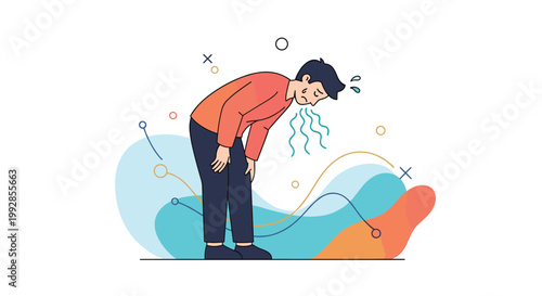 Tired man leaning forward and coughing or feeling nauseous, surrounded by abstract wavy lines representing illness in a vector style.