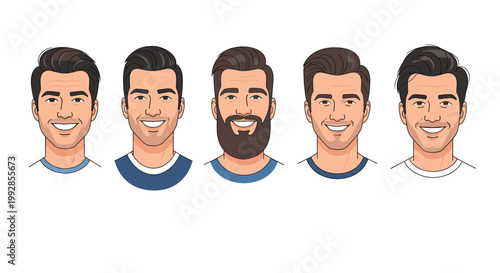 Five portraits of a man showing a variety of facial hair styles from clean-shaven to a full thick beard for grooming and fashion concepts.