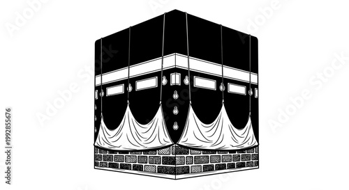 Black and white vector illustration of a sacred cubic structure, a significant spiritual landmark central to Islamic pilgrimage and worship, symbolizing devotion and unity