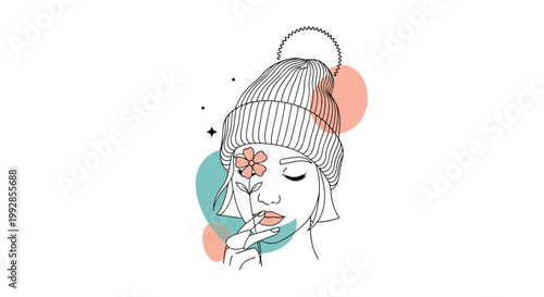 Artistic line drawing of a young woman wearing a beanie and holding a flower over her eye, featuring soft pastel shapes for a modern aesthetic.