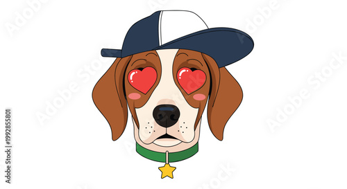 Cool beagle dog wears a blue baseball cap and heart shaped sunglasses reflecting love and affection in a trendy pet portrait design.