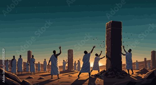 Ancient people gathered in a desert landscape under a twilight sky, raising their arms towards a large stone monument