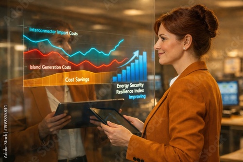 Energy Policy Analyst Reviewing Island Interconnector Cost Savings and Energy Security Resilience Index Chart on Tablet