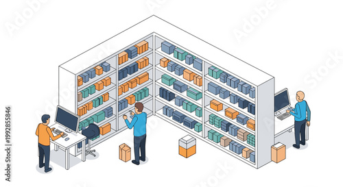 Warehouse workers manage inventory on tall shelves while using computers in an organized logistics center depicted in isometric style.