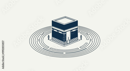 A minimalist isometric illustration of the Kaaba in Mecca, depicted within a circular labyrinth, symbolizing pilgrimage and spiritual journey