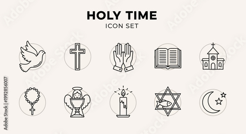 Set of Holy Time Icons including Christian, Jewish, and Islamic religious symbols, a dove, a church, prayer hands, and a candle