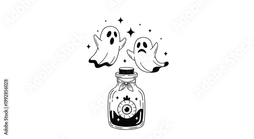 Two floating ghosts hover over a glass jar containing a large eyeball in a spooky black and white halloween themed line illustration.