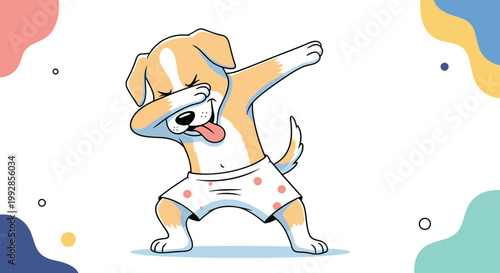 Cute cartoon puppy in white polka dot boxer shorts doing a dab dance move against a colorful abstract background.