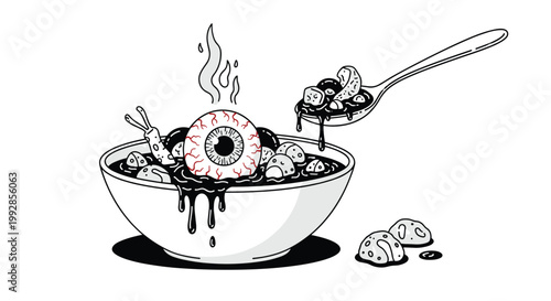 Horrifying black and white sketch of a bowl of eyeball soup with a spoon lifting out a disgusting bite of food.