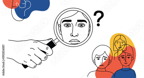 Conceptual drawing of a large hand holding a magnifying glass over a face, depicting identity search or scrutiny.