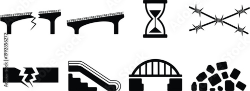Illustration of various forms of structural damage, highlighting cracks, broken bridges, and collapsed columns in a series of iconic vector designs for engineering, construction, and safety projects.