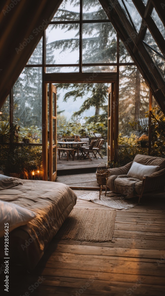 Fototapeta premium Nature retreat glamping blur with relaxing interior and comfort