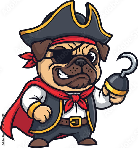 A cartoon pug dressed as a pirate with a hook and eye patch