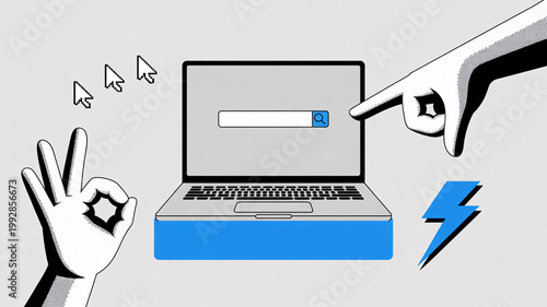 A hand interacting with a laptop and search bar with a lightning bolt symbol nearby