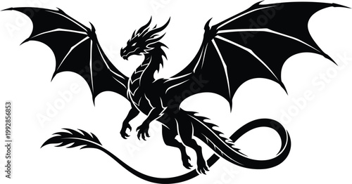 A striking black silhouette of a dragon in mid flight with extended wings