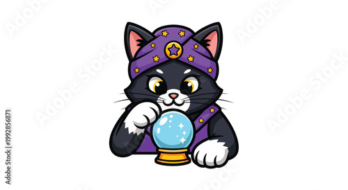 A cartoon black cat wearing a purple turban and holding a crystal ball