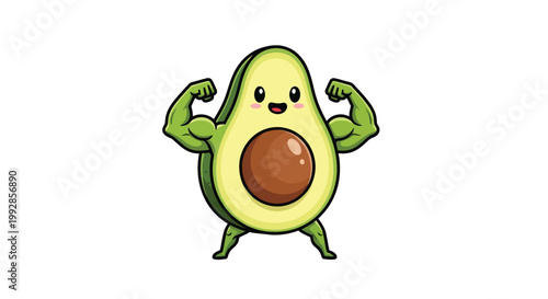 A cartoon avocado with a smiling face and muscular arms flexing its strength