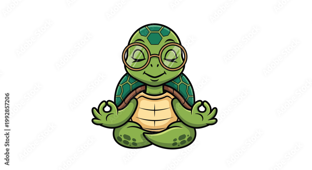 Obraz premium A cartoon turtle is meditating in a peaceful and serene environment with a smile on its face.