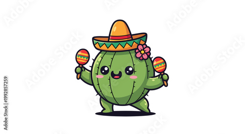 A cartoon cactus wearing a sombrero and holding maracas dances with a smile