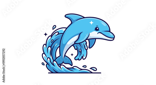 A cartoon dolphin jumping out of the water with a joyful expression