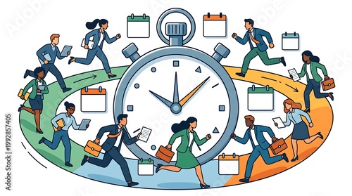Business people rushing around a large clock with calendars and briefcases in an office setting.