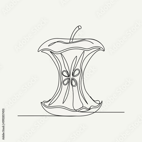 Minimalist single line drawing of an apple core on a light background, simple and clean.
