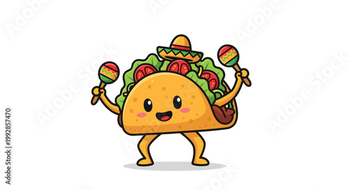 A cartoon taco character wearing a sombrero and holding maracas in a playful dance pose