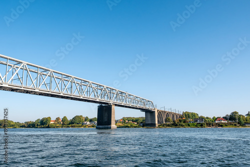 Old Little Belt Bridge from water near Snoghøj, Jutland, Little Belt strait, Southern Denmark