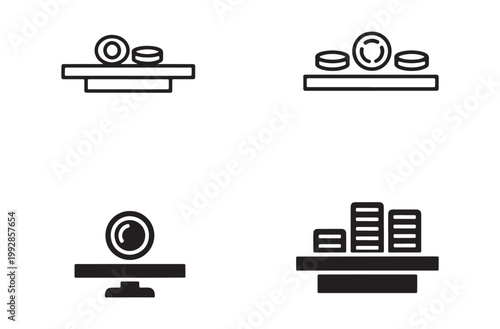 Collection of different money icons with coins on a scale and stacked on a surface in black and white vector format on a transparent background