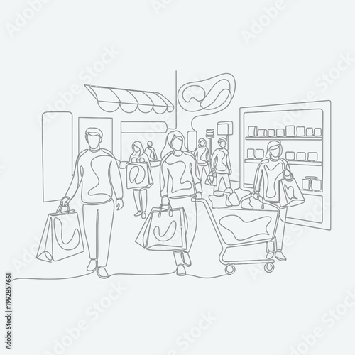 People shopping in a supermarket, continuous line art illustration