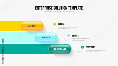 Modern Campaign Frame Template Vector Illustration. Professional Insight Three Element Diagram Slideshow Design. Corporate Plan 3 Step Infographic Slide Layout.